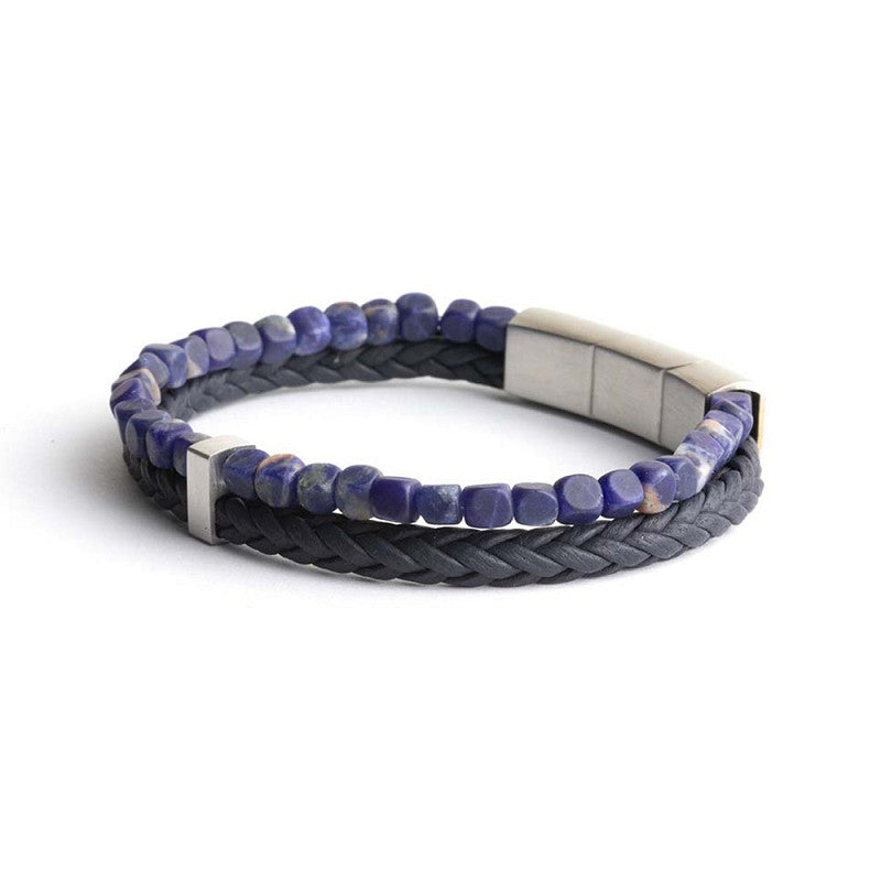 Doppelarmband mit italienischem Leder und 4 mm blauem Sodalith-Stein