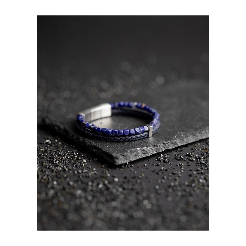 Doppelarmband mit italienischem Leder und 4 mm blauem Sodalith-Stein