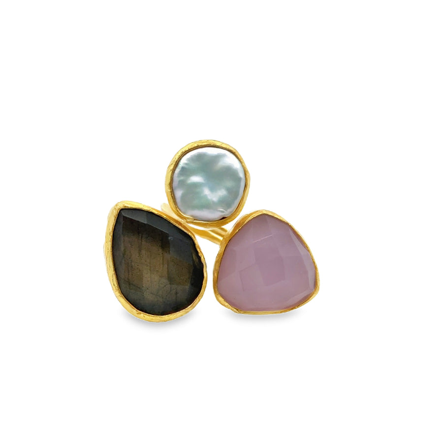 Ring Messing vergoldet, Rosenquarz, Barockperle, Labradorit