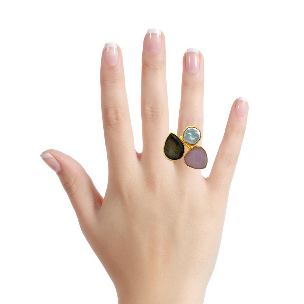 Ring Messing vergoldet, Rosenquarz, Barockperle, Labradorit
