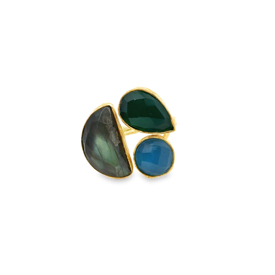 Ring Messing vergoldet, blauer und grüner Achat, Labradorit