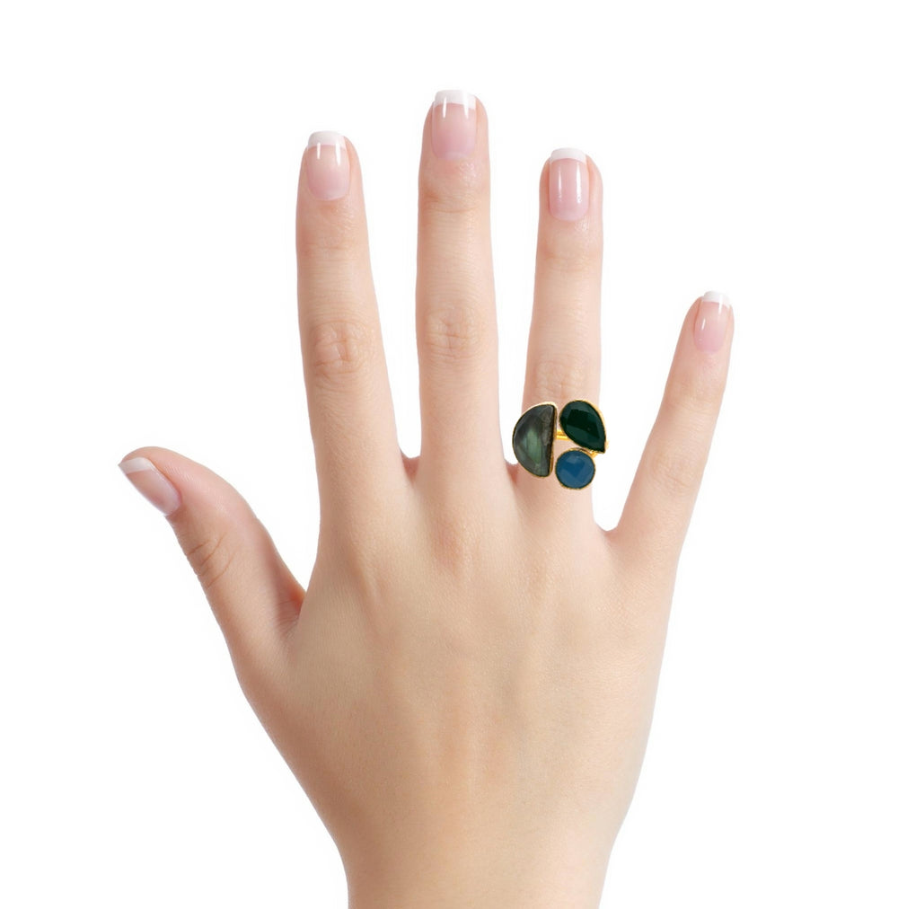 Ring Messing vergoldet, blauer und grüner Achat, Labradorit