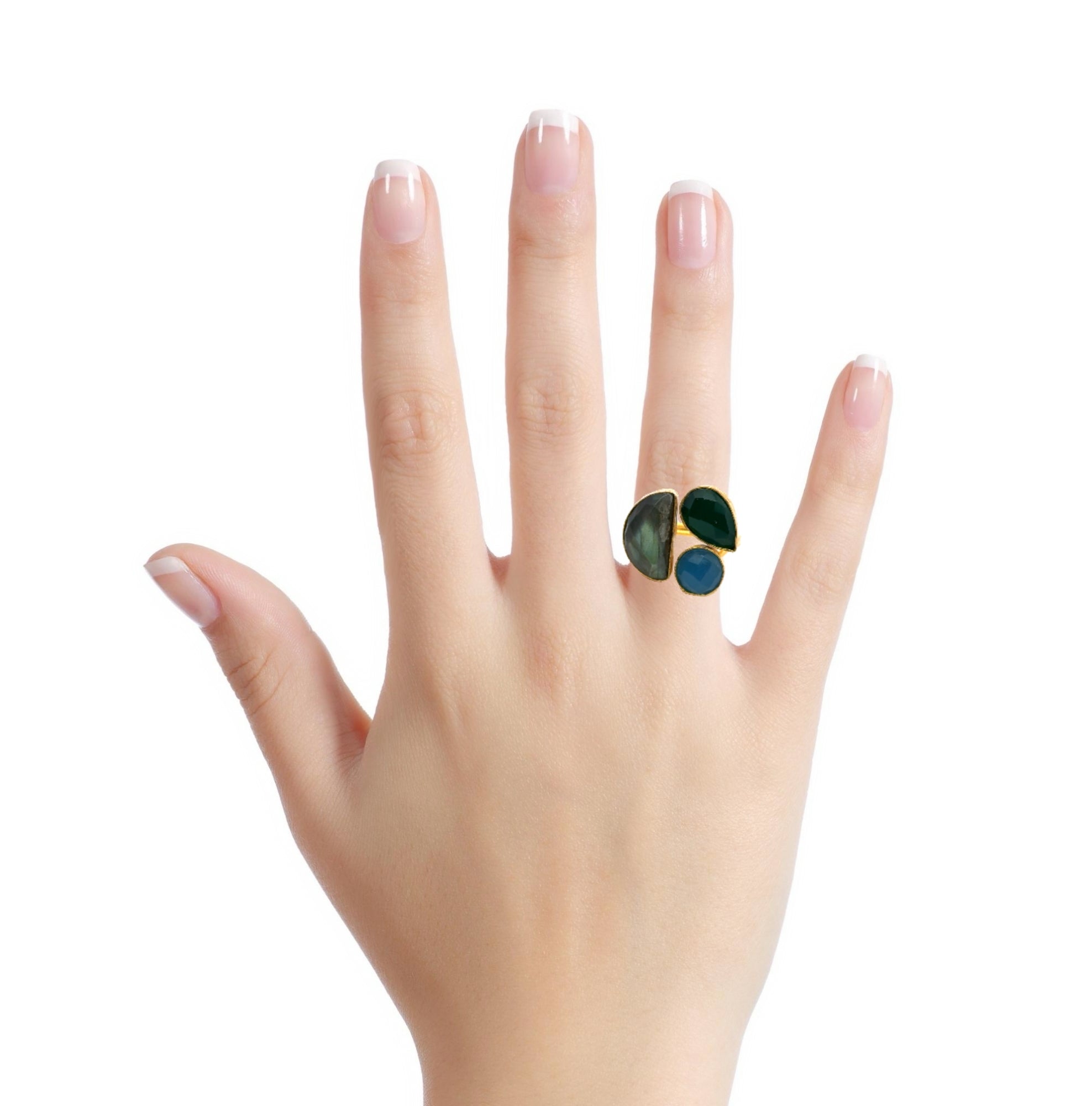 Ring Messing vergoldet, blauer und grüner Achat, Labradorit