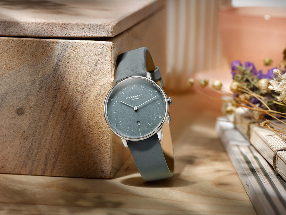Naos XS Flora eisblau silber/ Kalbslederband salbei - 33 mm Quarz
