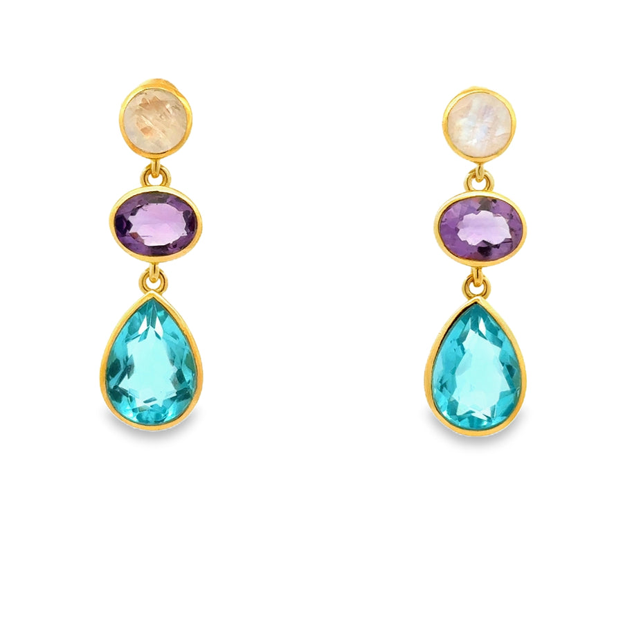 Ohrhänger Silber vergoldet mit Mondstein, Amethyst und Topas