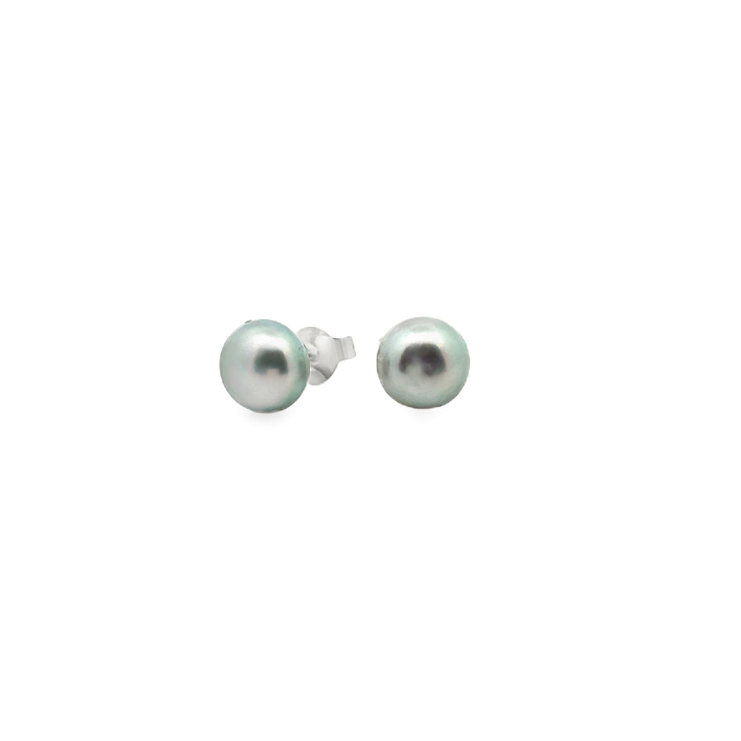 graue Süsswasserperle Button und Silber Stecker, 7 mm - AAAA Qualität