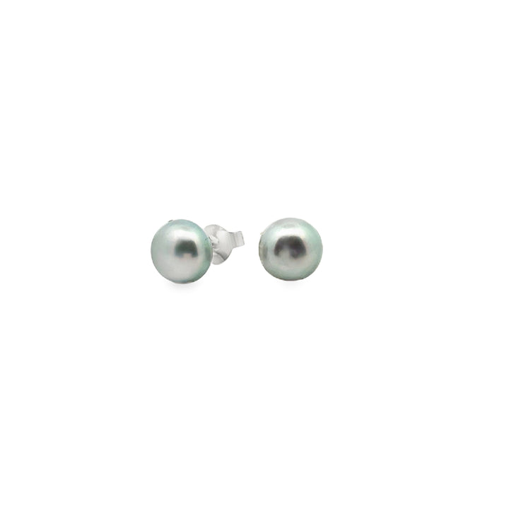 graue Süsswasserperle Button und Silber Stecker, 7 mm - AAAA Qualität