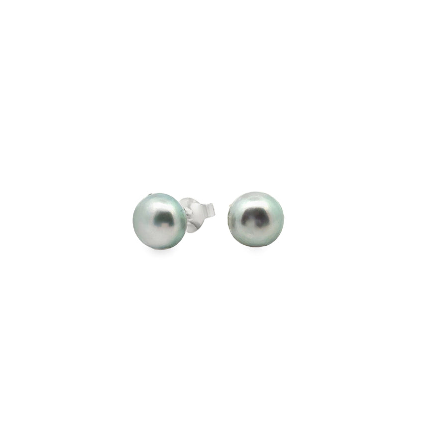 graue Süsswasserperle Button und Silber Stecker, 7 mm - AAAA Qualität