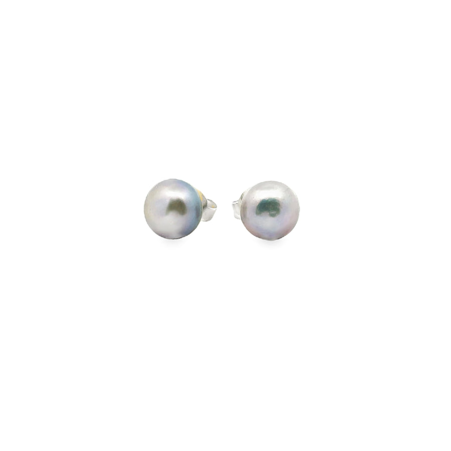 graue Süsswasserperle Button und Silber Stecker, 8 mm - AAAA Qualität