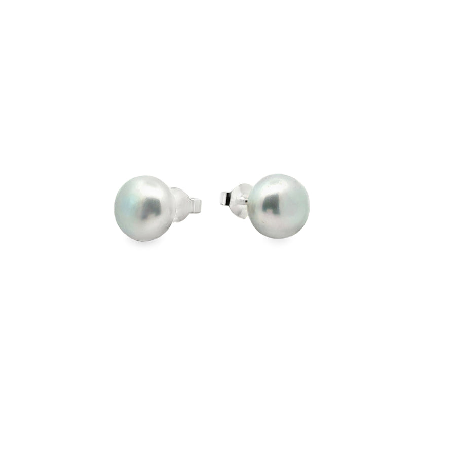 graue Süsswasserperle Button und Silber Stecker, 9 mm - AAAA Qualität