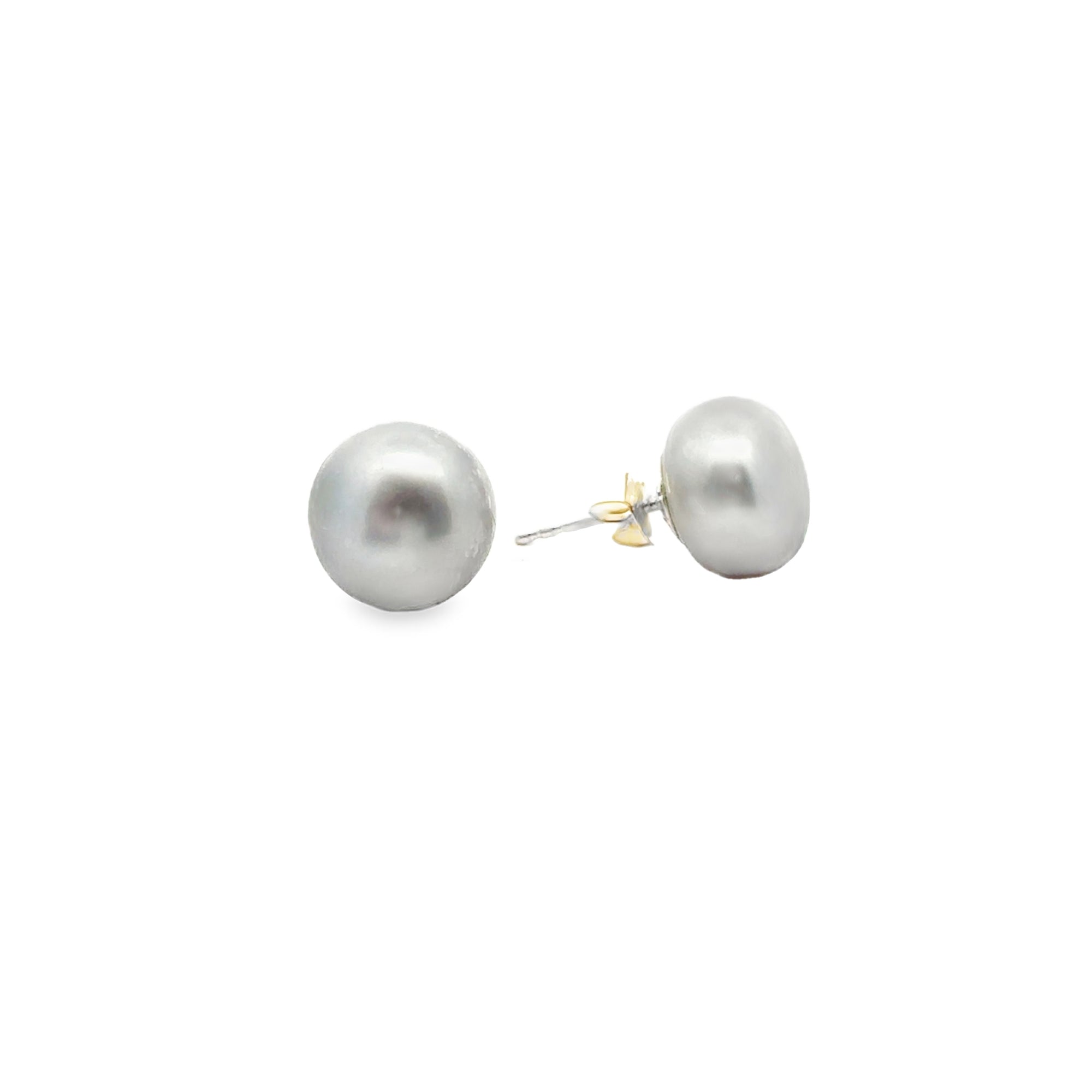 graue Süsswasserperle Button und Silber Stecker, 11 mm - AAAA Qualität