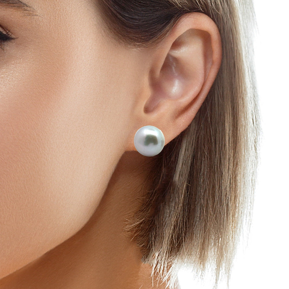 graue  Süsswasserperle Button und Silber Stecker, 12 mm - AAAA Qualität