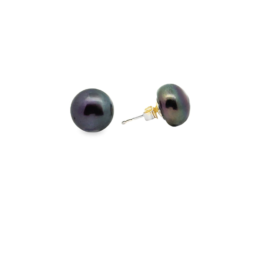 peacock Süsswasserperle Button und Silber Stecker, 11 mm - AAAA Qualität