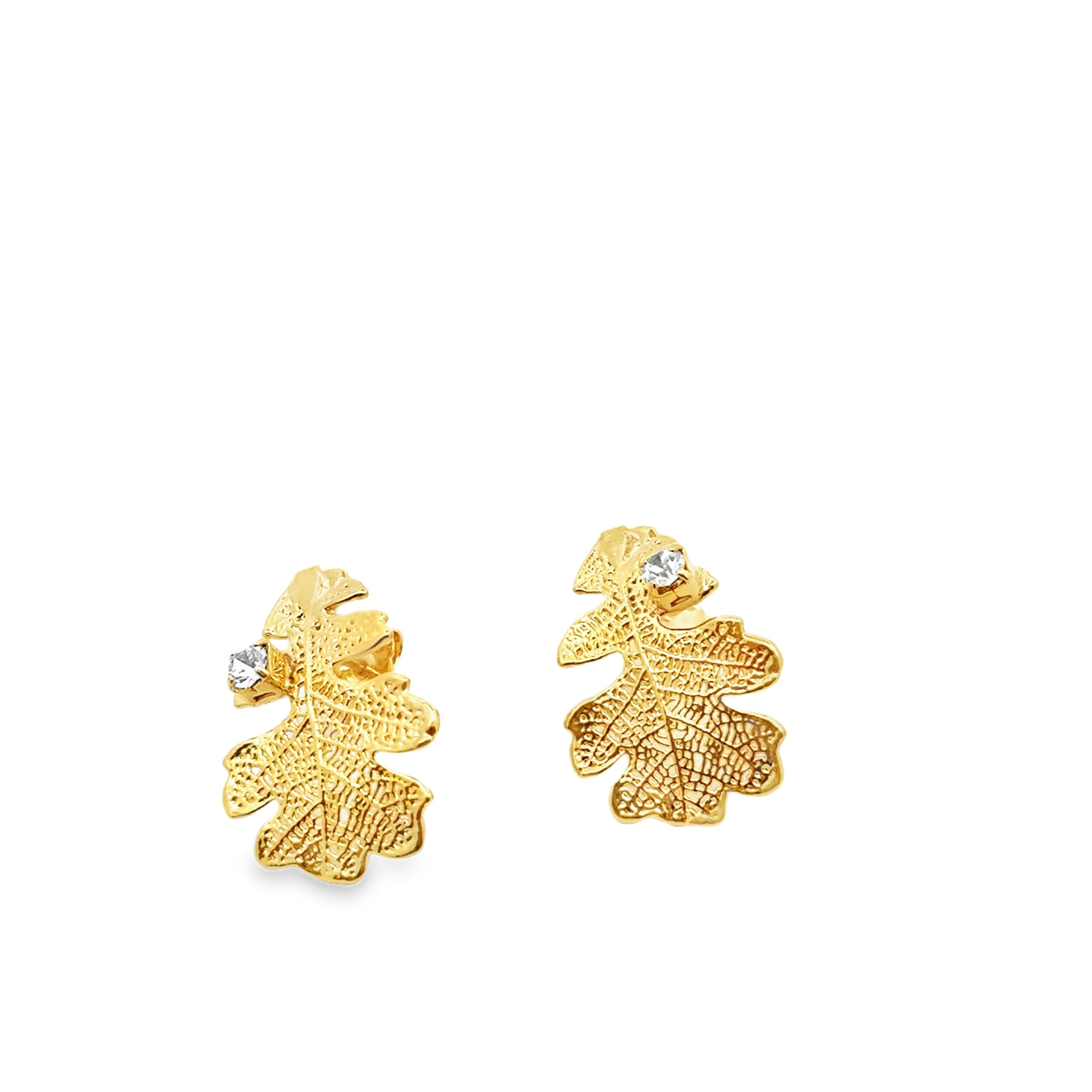 Eichenblatt Ohrstecker mit Strass, Echtblatt, mit Kette vergoldet