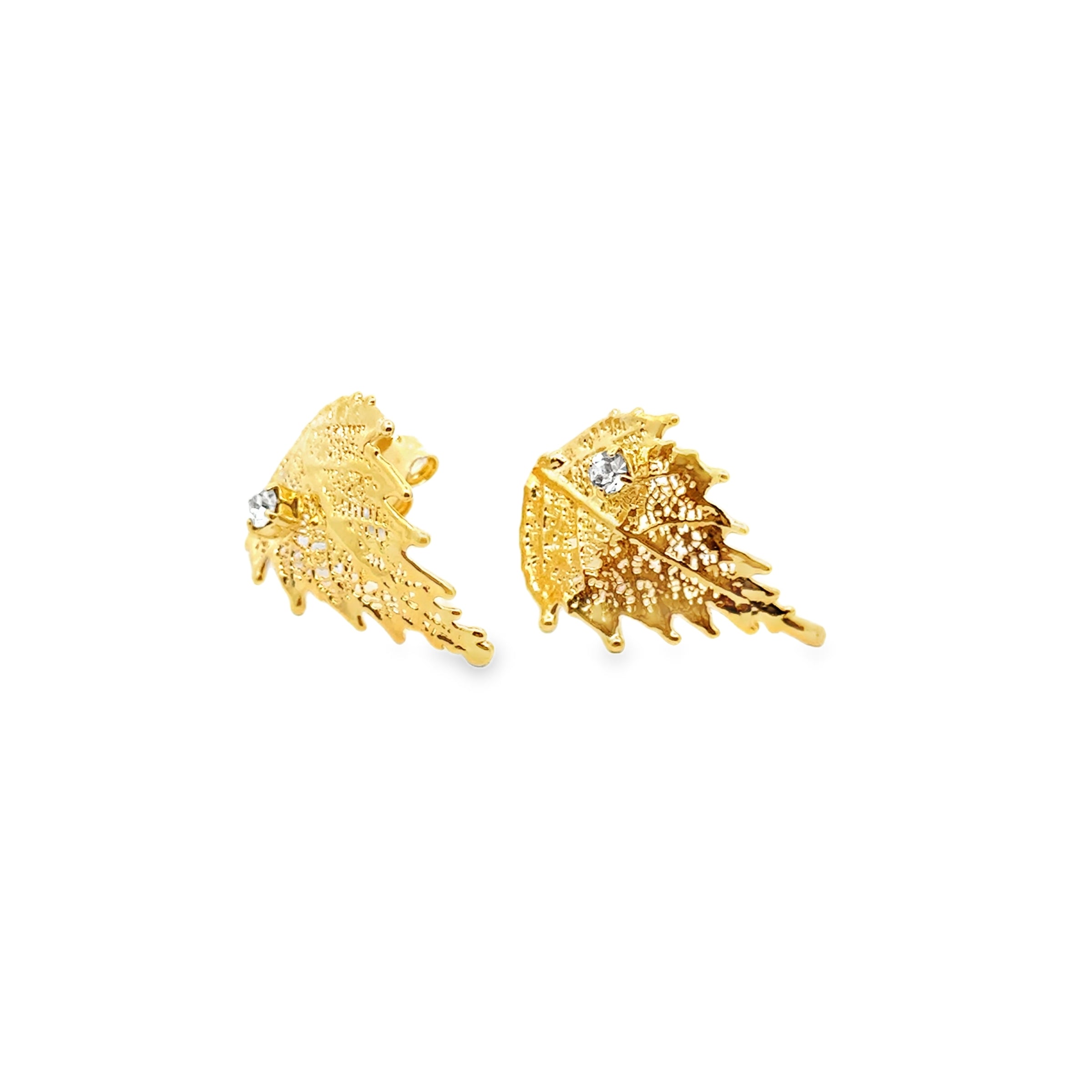Birkenblatt Ohrstecker mit Strass, Echtblatt, mit Kette vergoldet