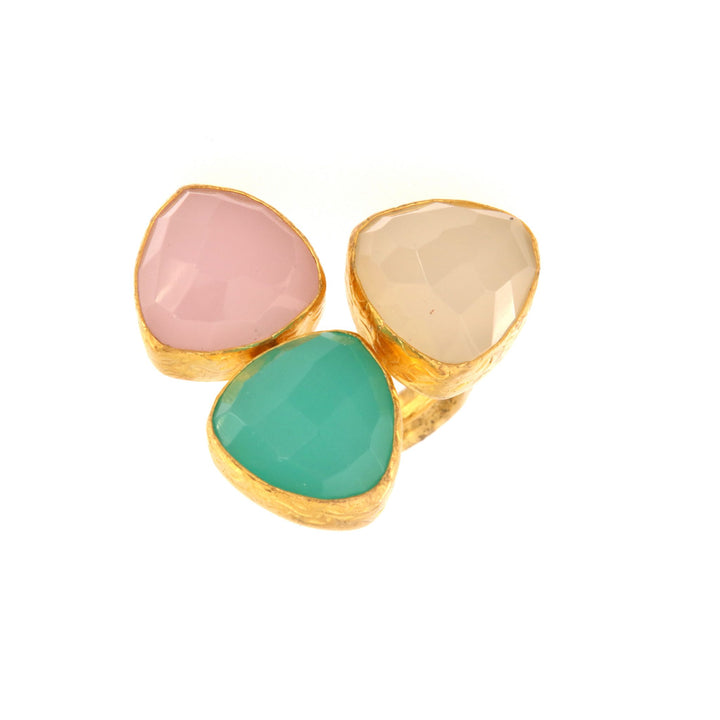 Ring aus Messing vergoldet, mit Rosenquarz, weier Chalcedon, Aquachalcedon