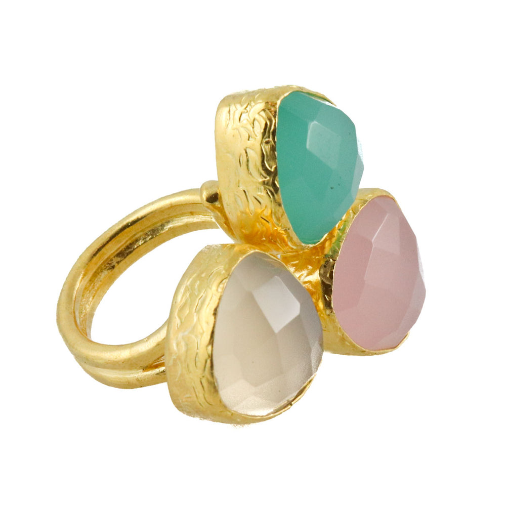Ring aus Messing vergoldet, mit Rosenquarz, weier Chalcedon, Aquachalcedon