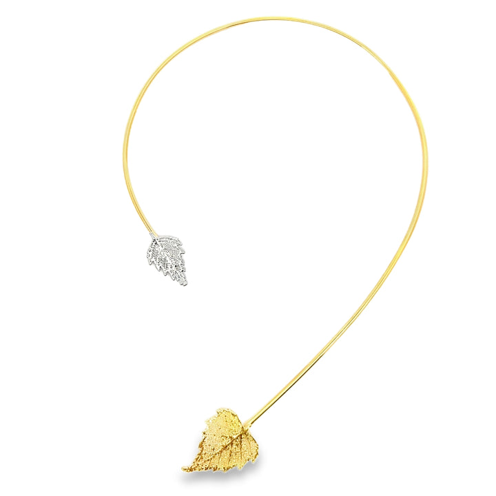 Birkenblatt, Echtblatt vergoldet und rhodiniert, Collier