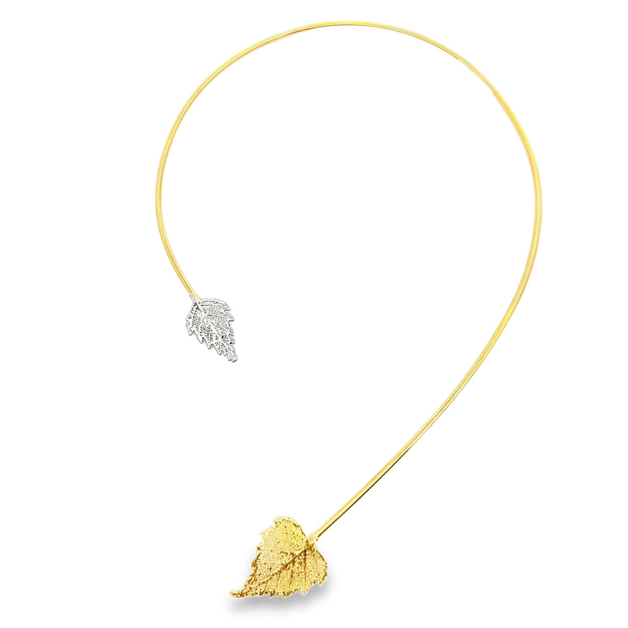 Birkenblatt, Echtblatt vergoldet und rhodiniert, Collier