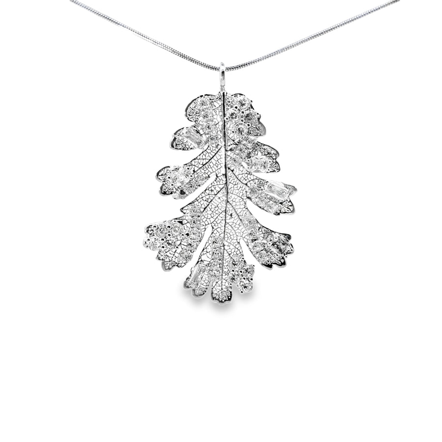 Eichenblatt Anhänger, mit Kristallen Echtblatt, mit Kette rhodiniert
