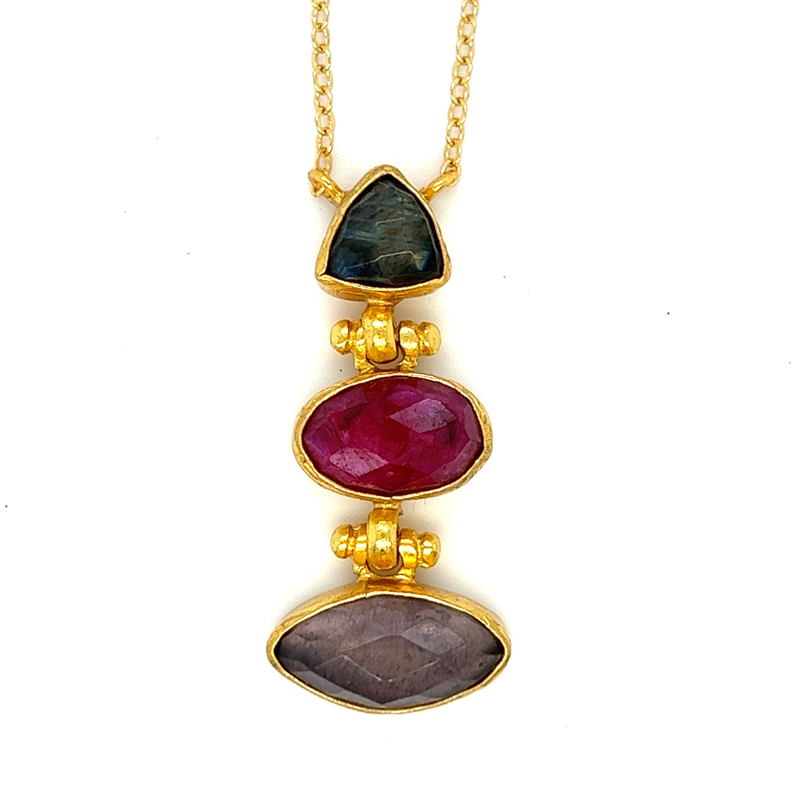 Kette aus Messing, vergoldet, Labradorit, Rubin, Amethyst