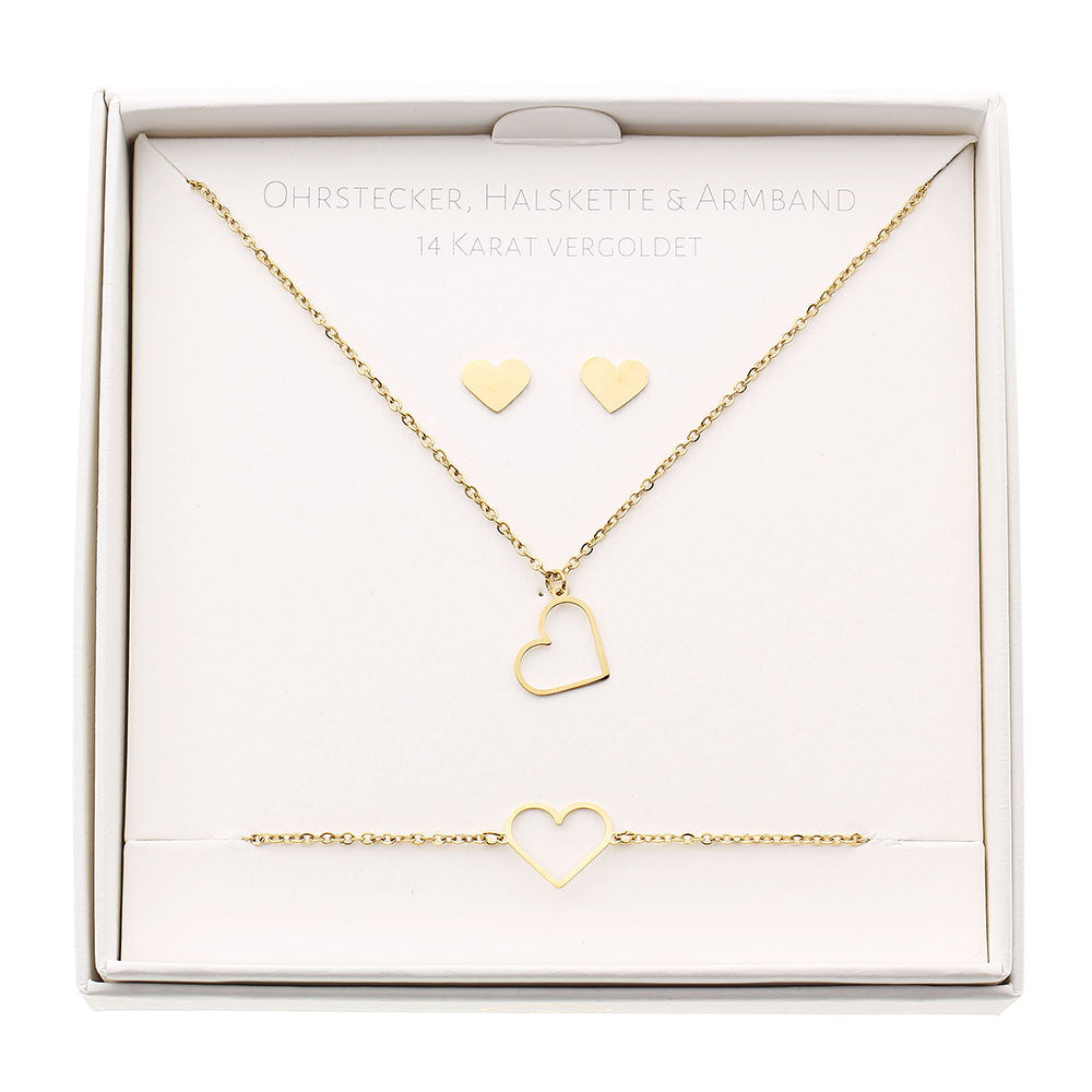 Geschenkset - Halskette-Armband-Ohrstecker - vergoldet - Herz
