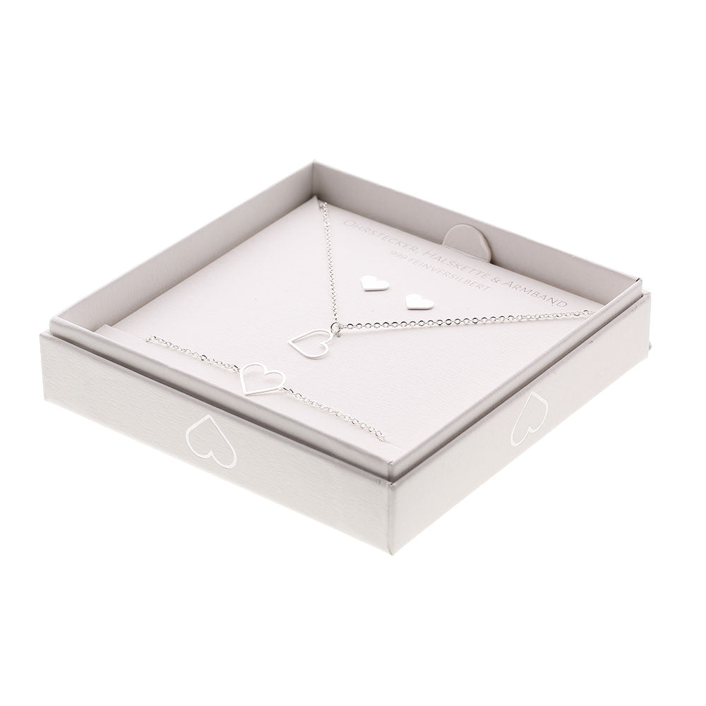 Geschenkset - Halskette-Armband-Ohrstecker - feinversilbert - Herz