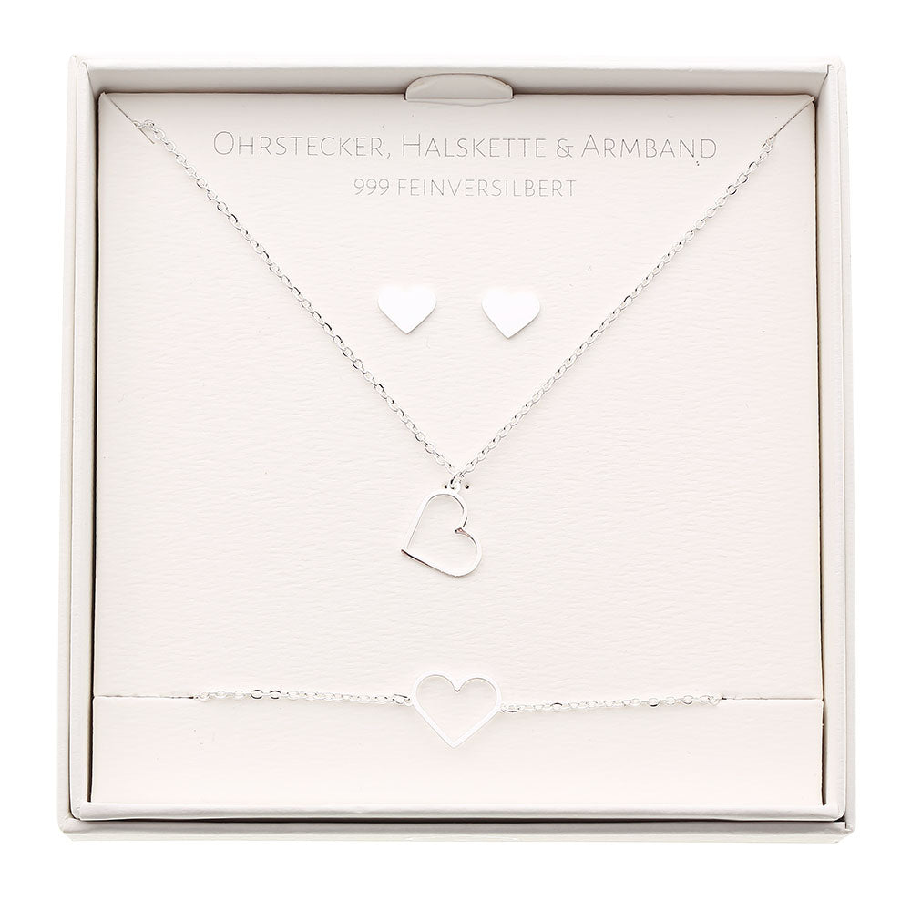Geschenkset - Halskette-Armband-Ohrstecker - feinversilbert - Herz
