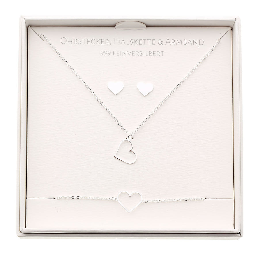 Geschenkset - Halskette-Armband-Ohrstecker - feinversilbert - Herz