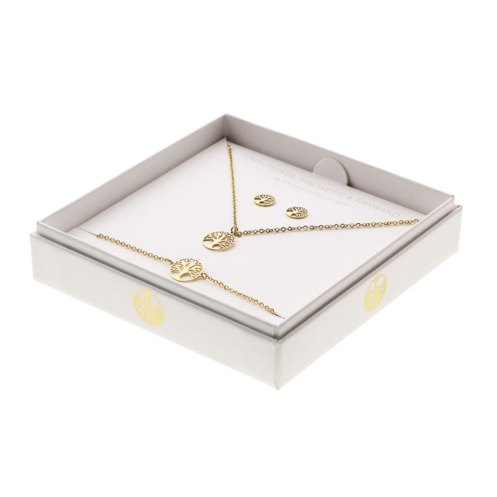 Geschenkset - Halskette-Armband-Ohrstecker - vergoldet - Baum des Lebens