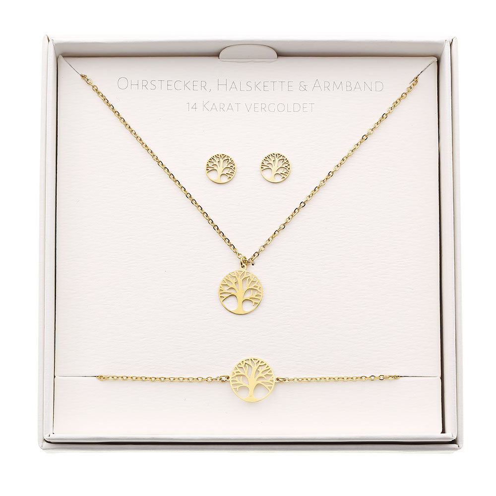 Geschenkset - Halskette-Armband-Ohrstecker - vergoldet - Baum des Lebens