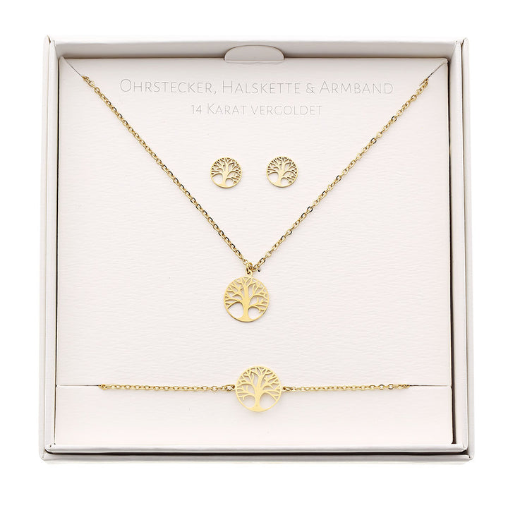 Geschenkset - Halskette-Armband-Ohrstecker - vergoldet - Baum des Lebens