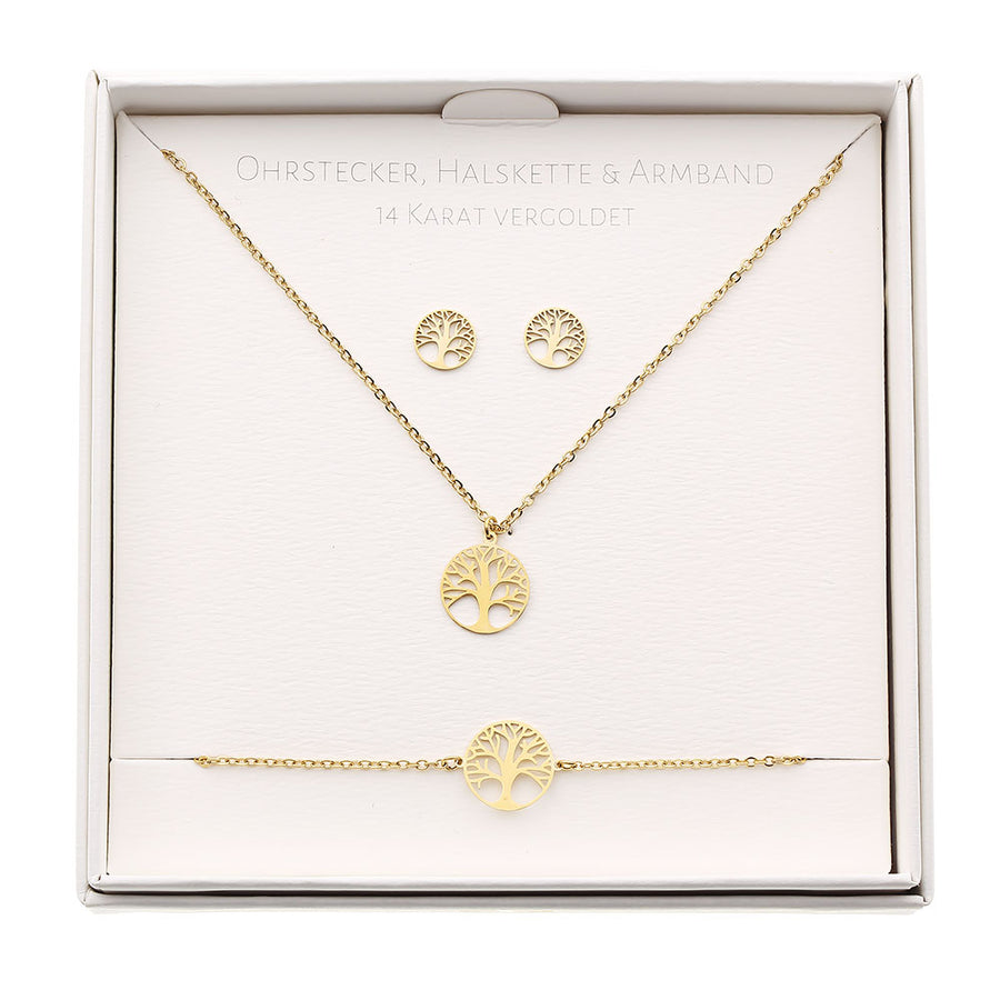 Geschenkset - Halskette-Armband-Ohrstecker - vergoldet - Baum des Lebens