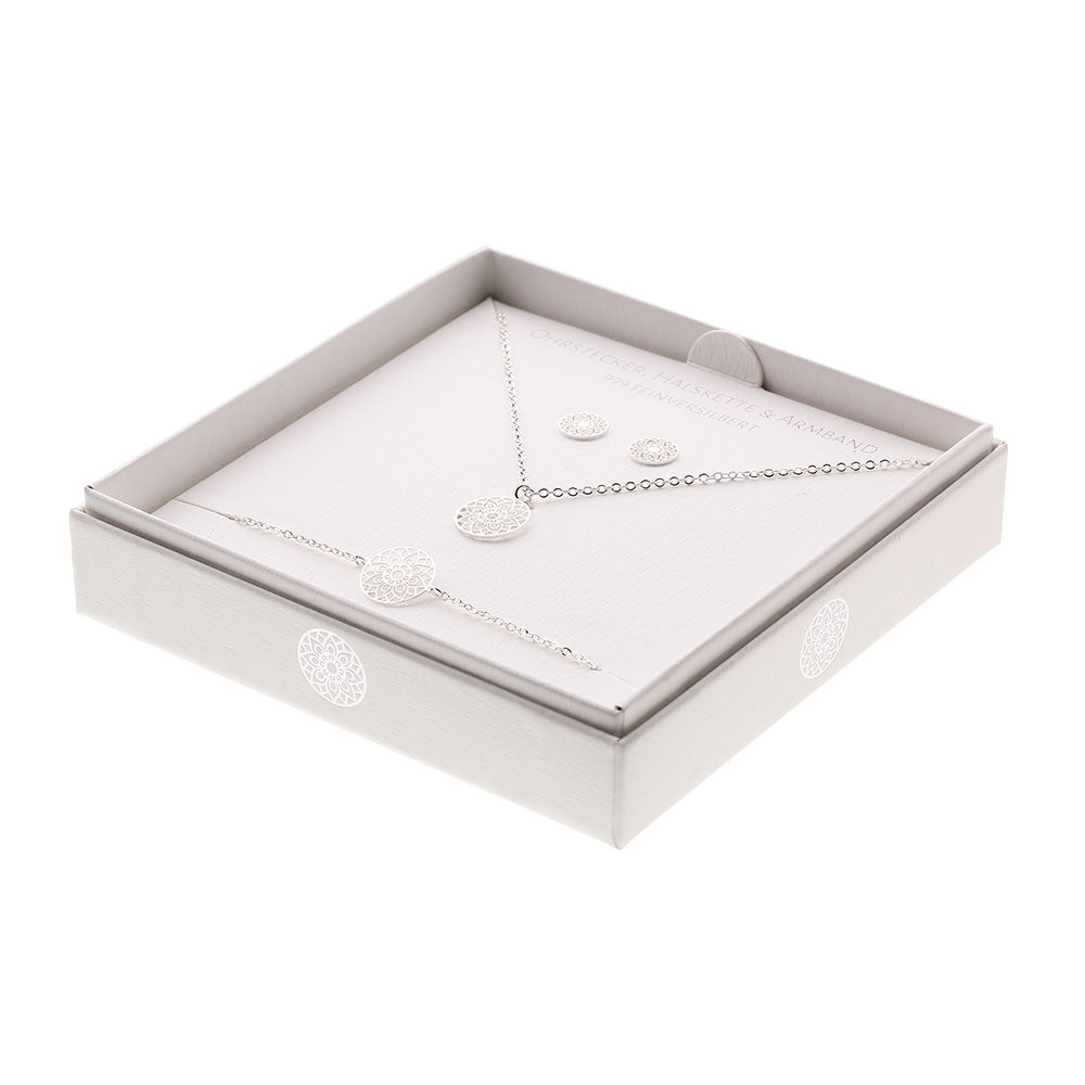 Geschenkset - Halskette-Armband-Ohrstecker - feinversilbert - Mandala des Glücks