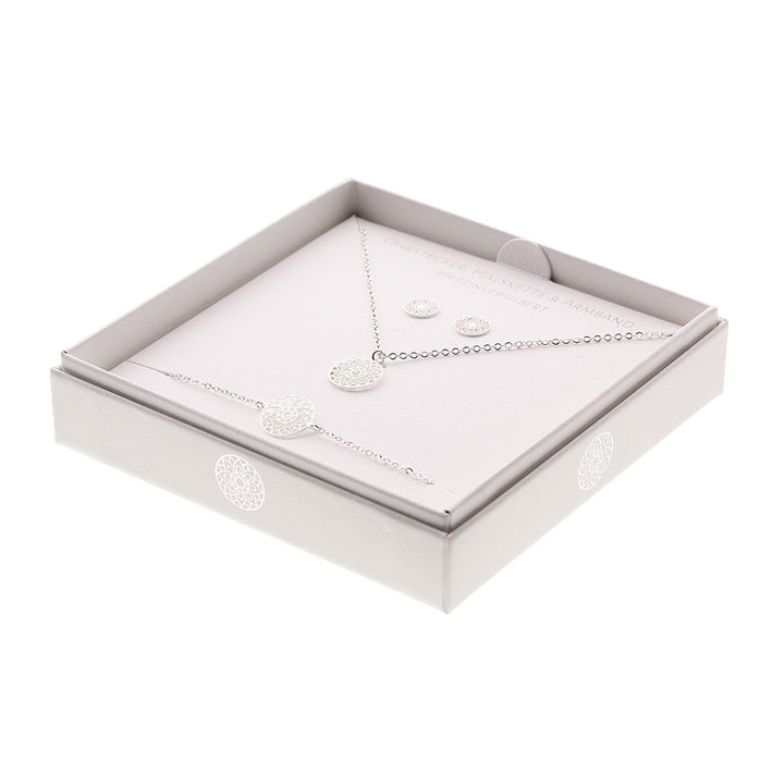 Geschenkset - Halskette-Armband-Ohrstecker - feinversilbert - Mandala des Glücks
