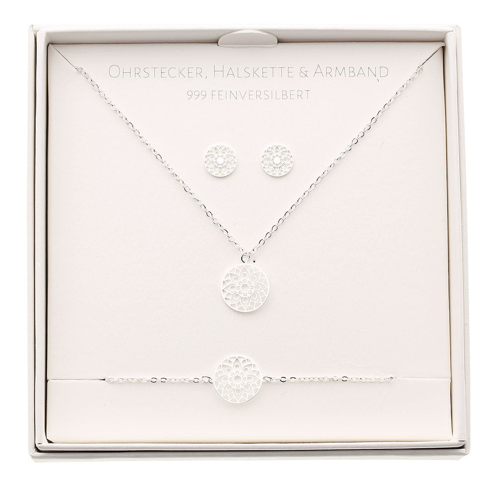 Geschenkset - Halskette-Armband-Ohrstecker - feinversilbert - Mandala des Glücks