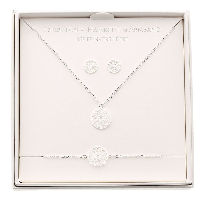 Geschenkset - Halskette-Armband-Ohrstecker - feinversilbert - Mandala des Glücks