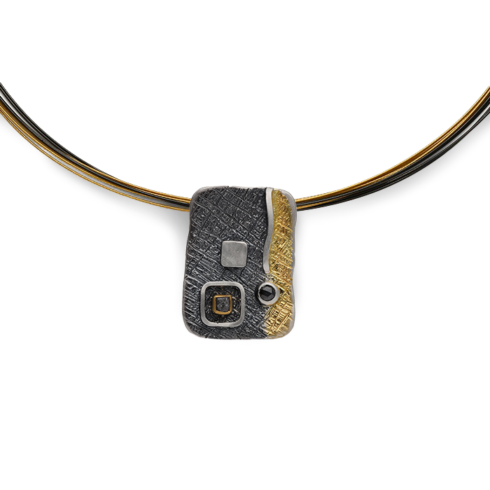 Anhänger 925 Silber, geschwärzt & vergoldet, mit Rohdiamant & schwarzem