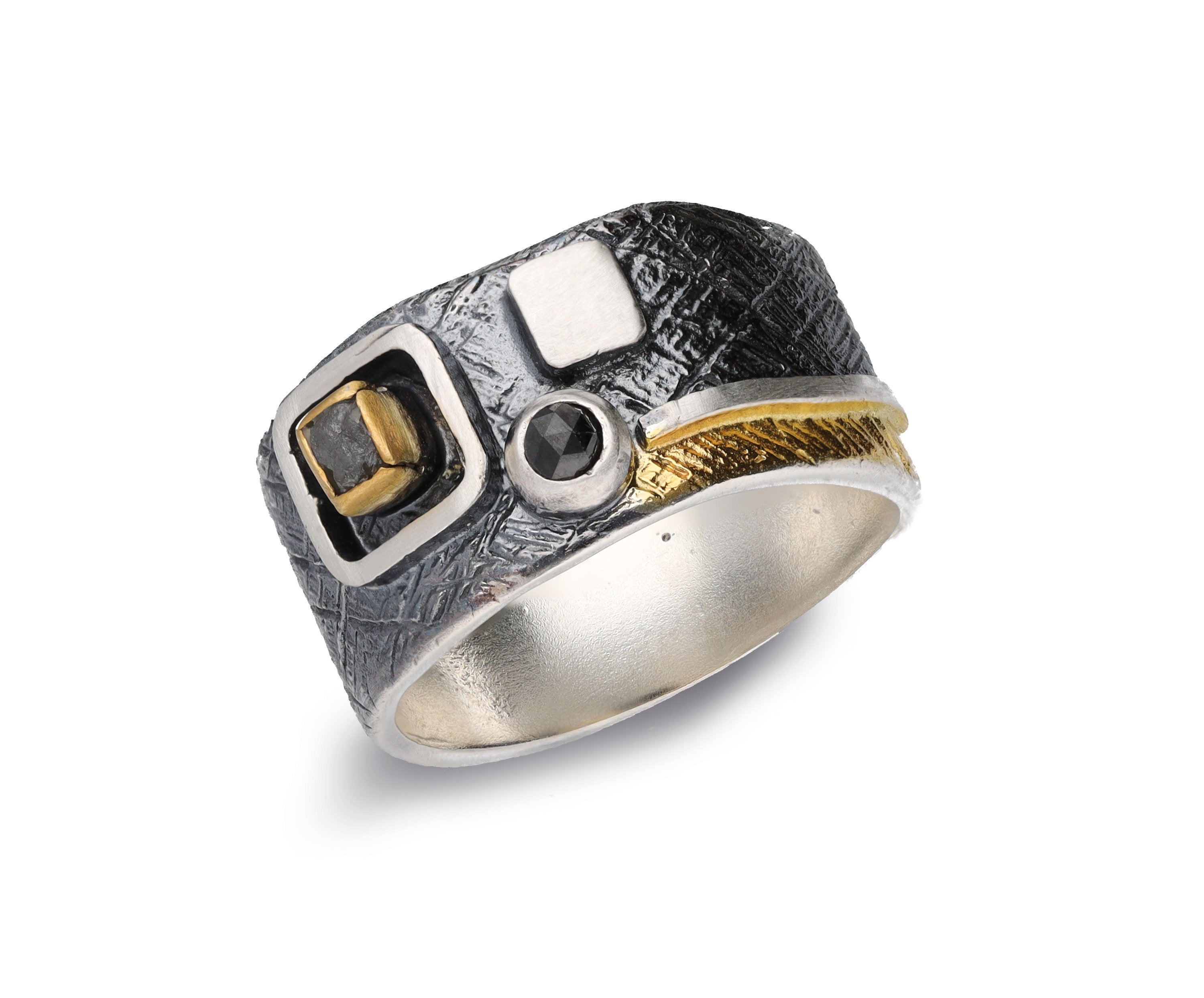 Ring 925 Silber, geschwärzt & vergoldet, mit Rohdiamant & schwarzem Diam