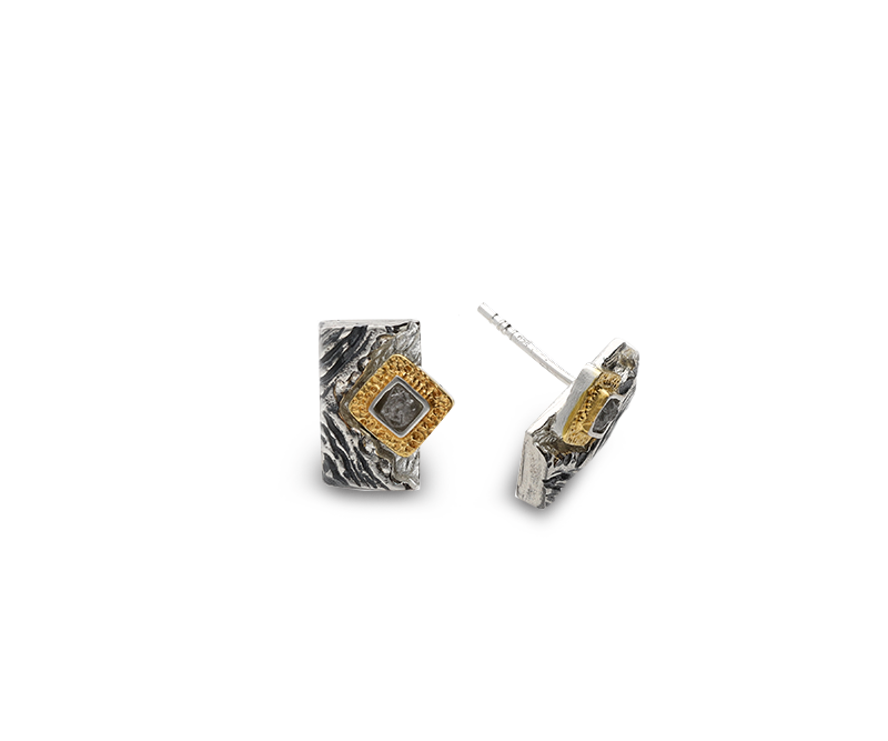 Ohrstecker 925 Silber, geschwärzt & vergoldet, mit Rohdiamant