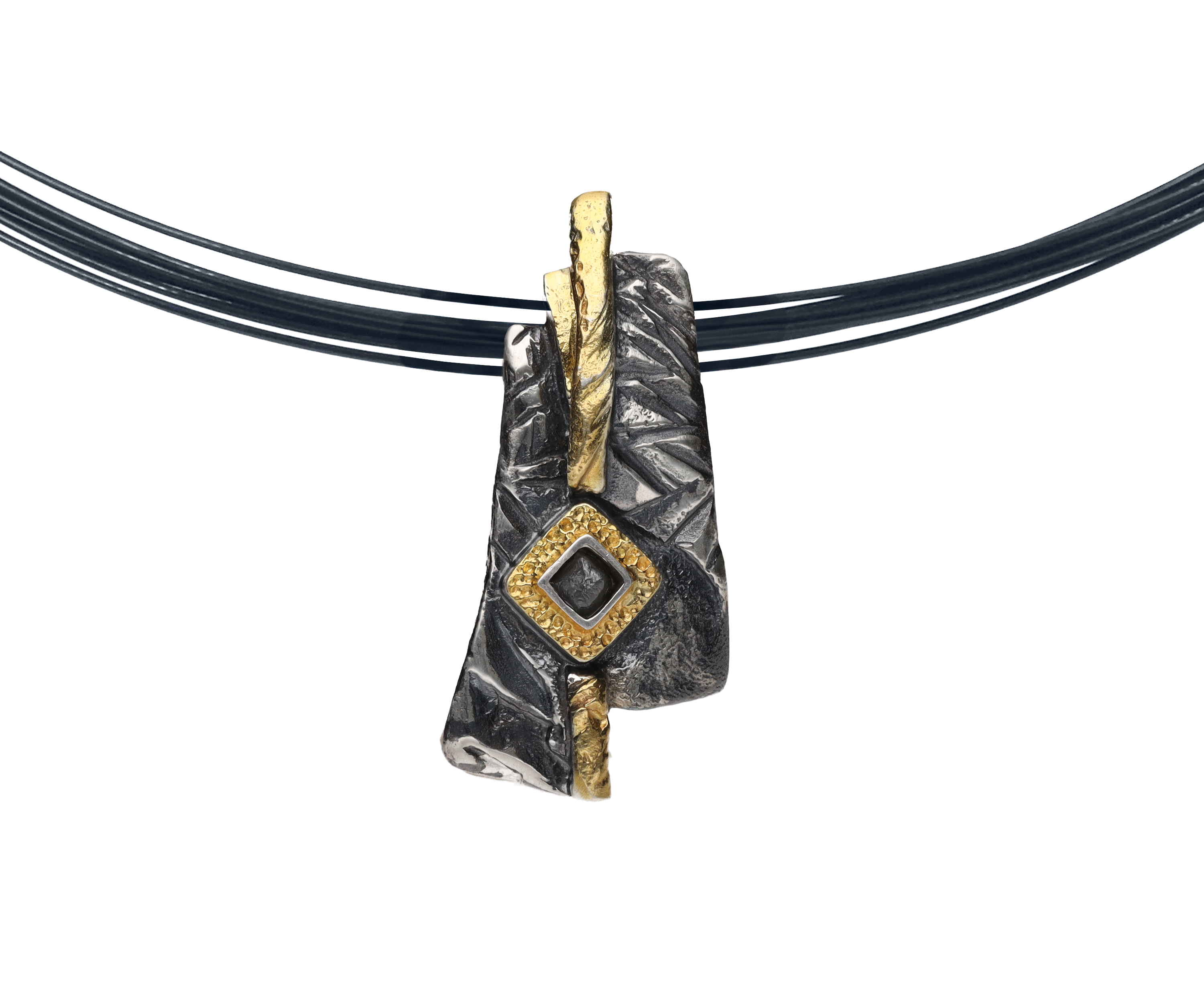 Anhänger 925 Silber, geschwärzt & vergoldet, mit Rohdiamant, mehrreihige Ket