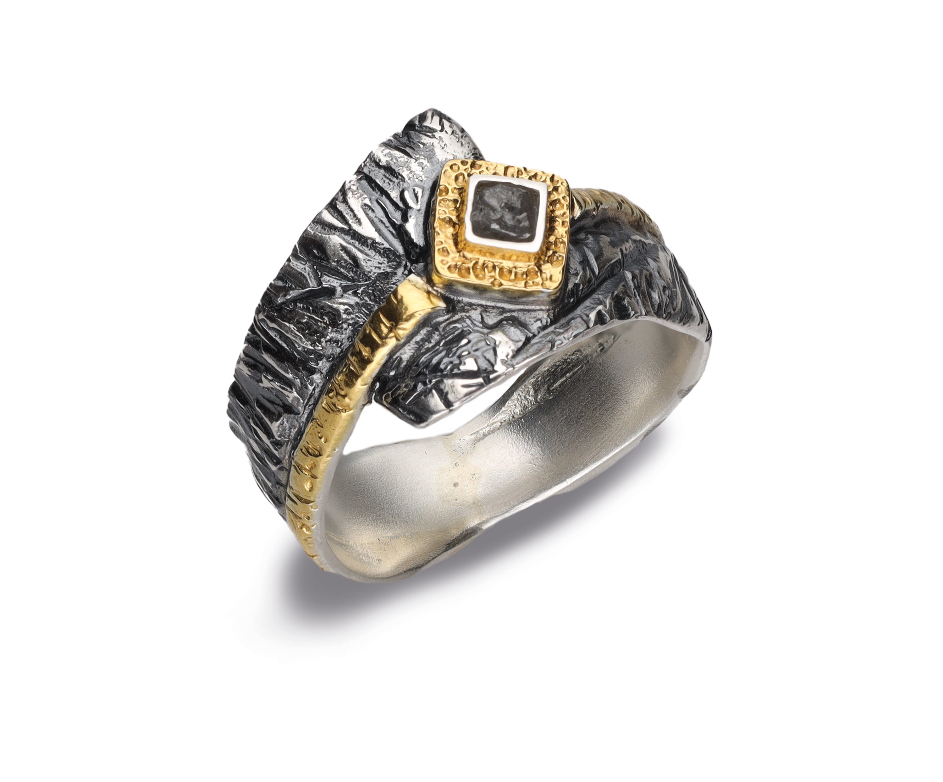 Ring 925 Silber, geschwärzt & vergoldet, mit Rohdiamant, Gr. 58
