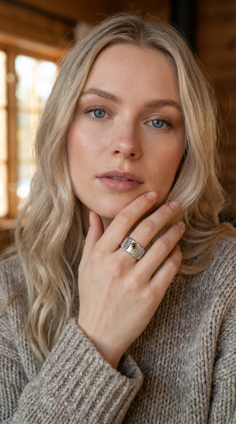 Ring 925 Silber, geschwärzt & vergoldet, mit schwarzem Diamant, Gr. 57