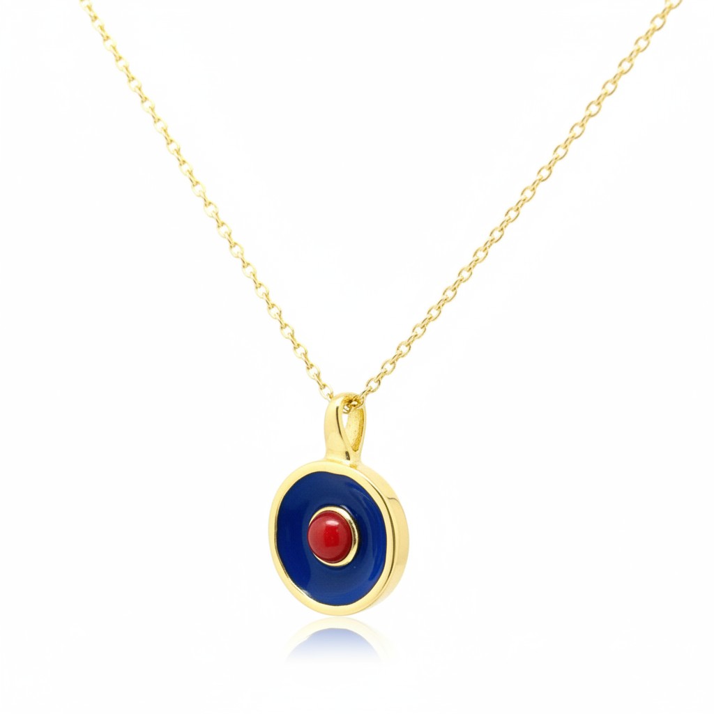 Kette Messing vergoldet Emaille Quartz blau rot
