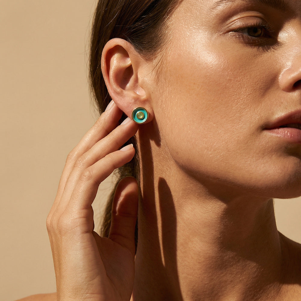 Ohrring Messing vergoldet Emaille Quartz grün