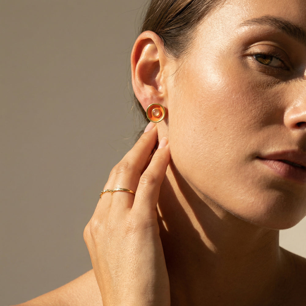 Ohrring Messing vergoldet Emaille Quartz pink