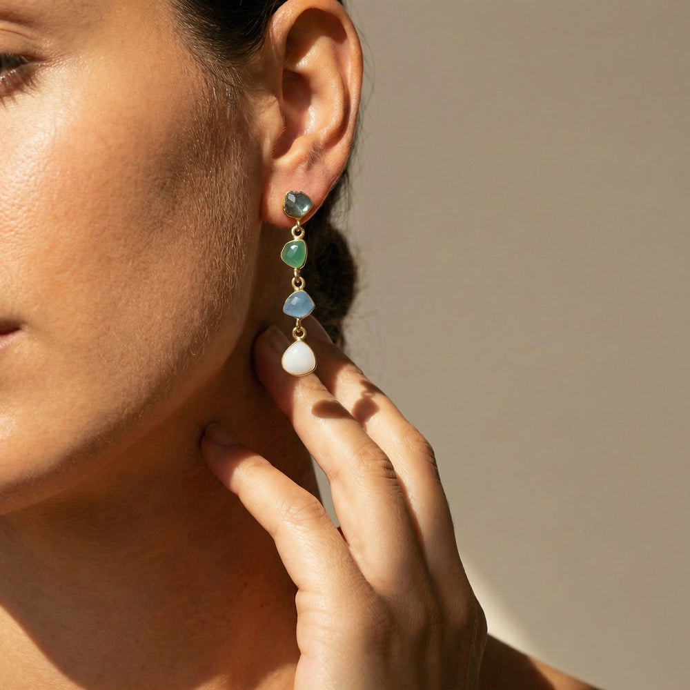 Ohrring Messing vergoldet Labradorit Onyx grün/blau/weiß