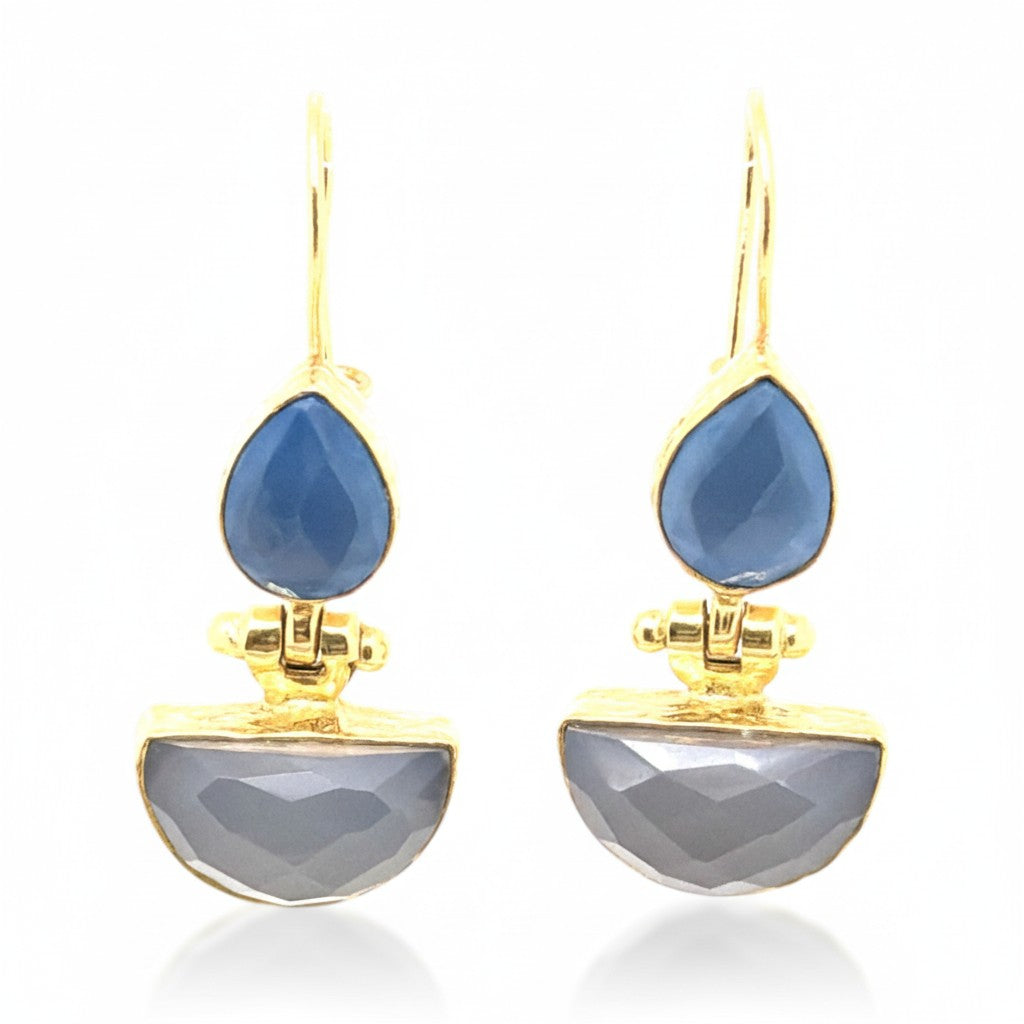 Ohrring Messing vergoldet Onyx blau/weiß