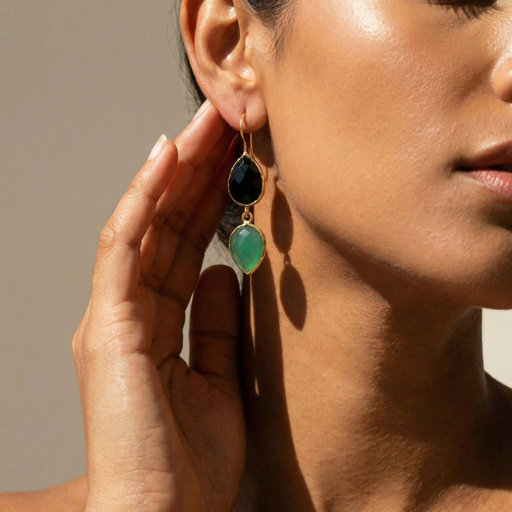 Ohrring Messing vergoldet schwarz/grün Steine