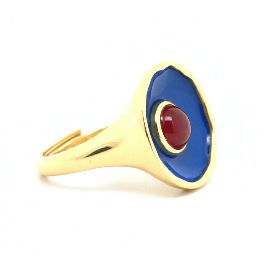 Ring Messing vergoldet Emaille Quartz blau rot